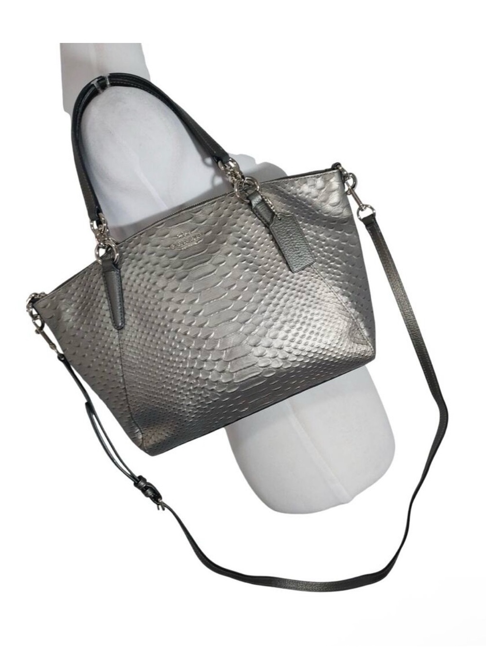 Coach Silver Metallic Python-Embossed Leather Shoulder Bag